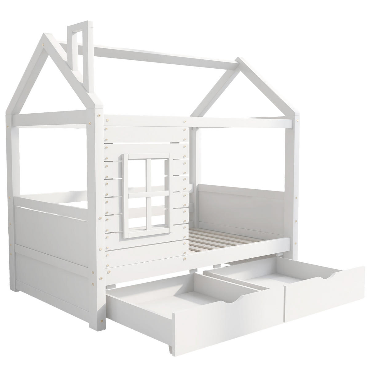 KINDERBETT 80/160 cm Weiß aus Kiefer massiv mit Bettkästen und Fensterdesign - Weiß, Holzwerkstoff (80/160cm) - Flora Grace