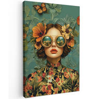 LEINWANDBILD Frau - Blumen - Schmetterlinge - Natur - Vintage Deko XXL 80x120 cm - Salbeigrün, Textil (80/120cm) - MuchoWow