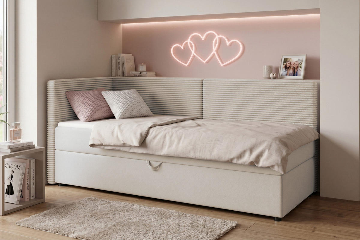 BOXBETT MILA 100/200 in Cord/Velours Ecru H3 links - Ecru, Holz/Holzwerkstoff (100/200cm) - Deine Möbel 24
