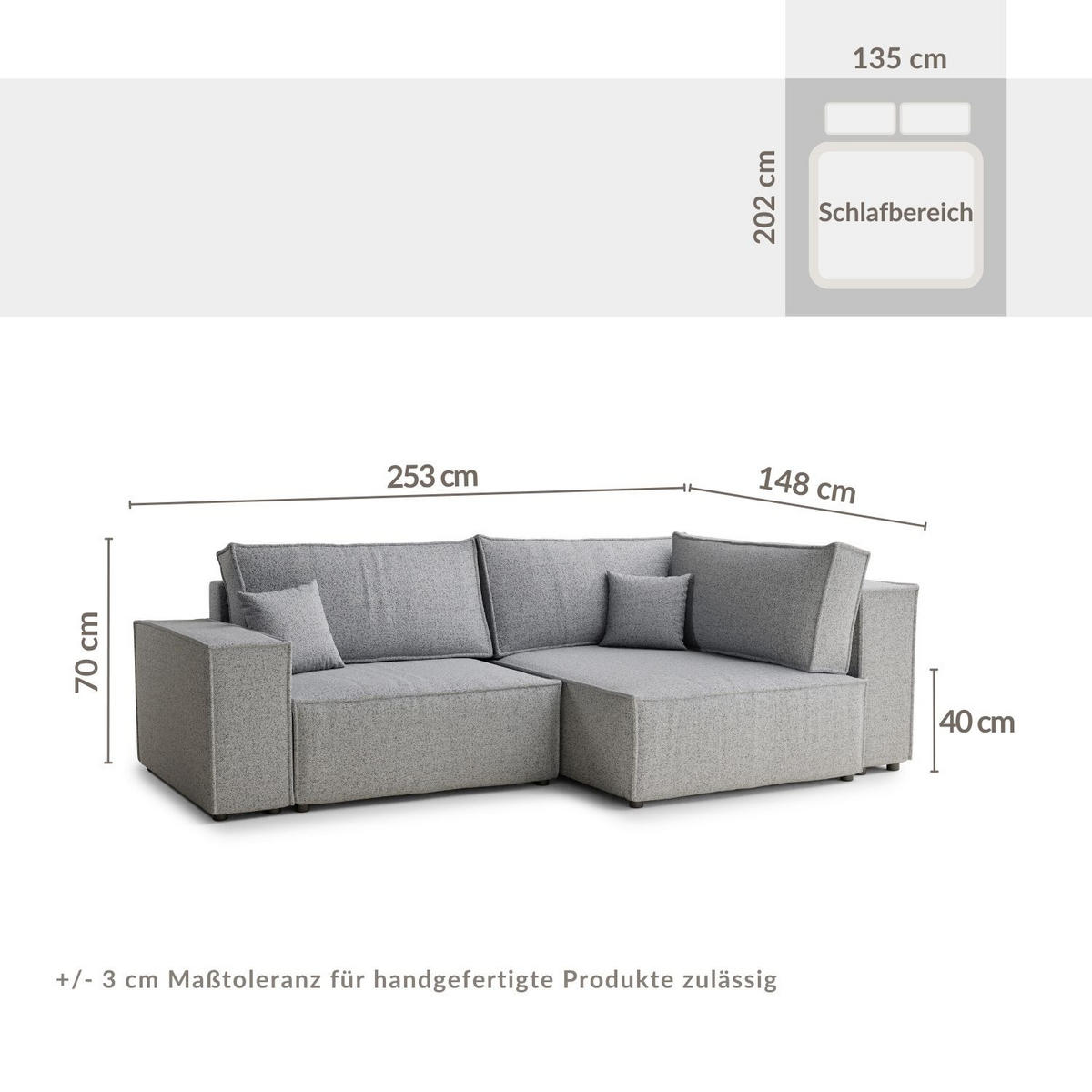 ECKSOFA MIT SCHLAFFUNKTION Tonga Hellgrau Webstoff - Hellgrau/Schwarz, Holz/Holzwerkstoff (255/105cm) - Maison de Reve