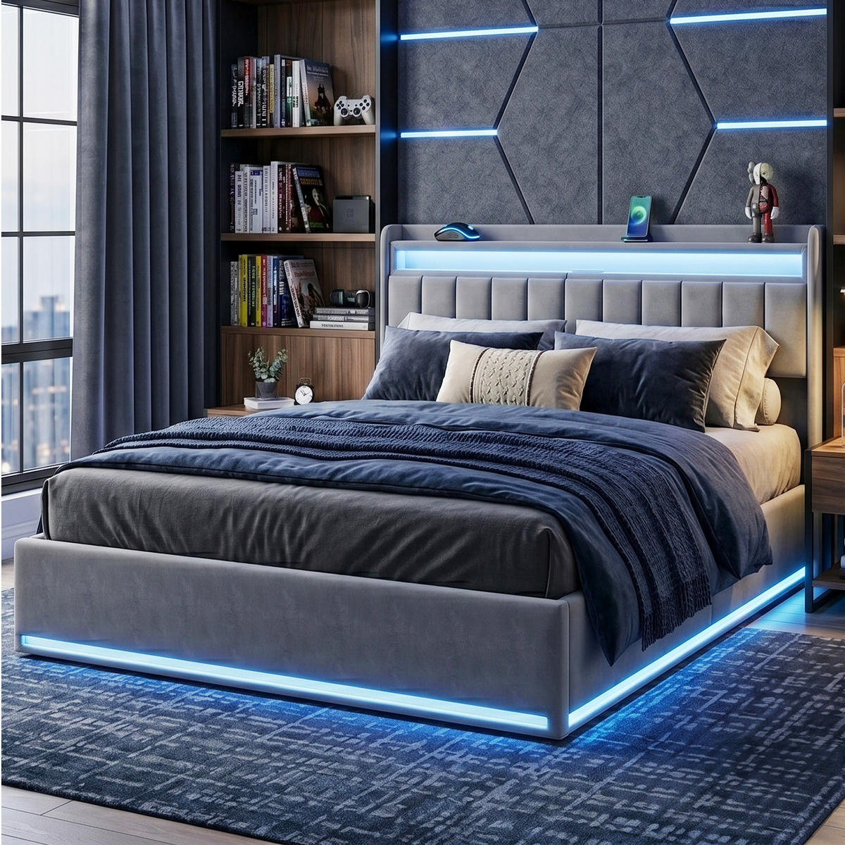 POLSTERBETT Längssteppung 140/200 cm mit Bettkasten & App-LED Samtoptik Grau - Grau, Textil (140/200cm) - Creahappy