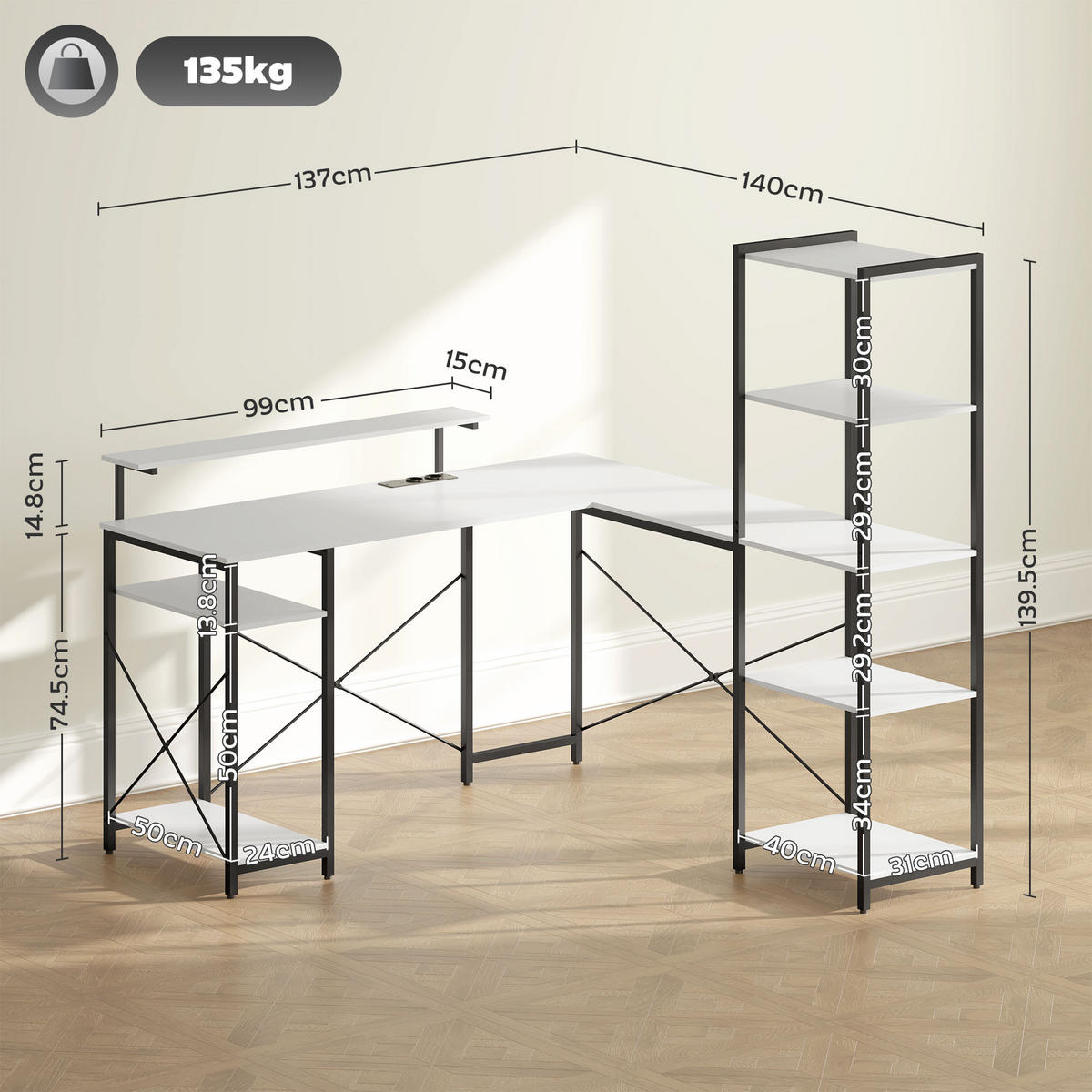 BÜROTISCH Weiß 1 Stück - Weiß, Holzwerkstoff (137/140/139.5cm) - GiPP