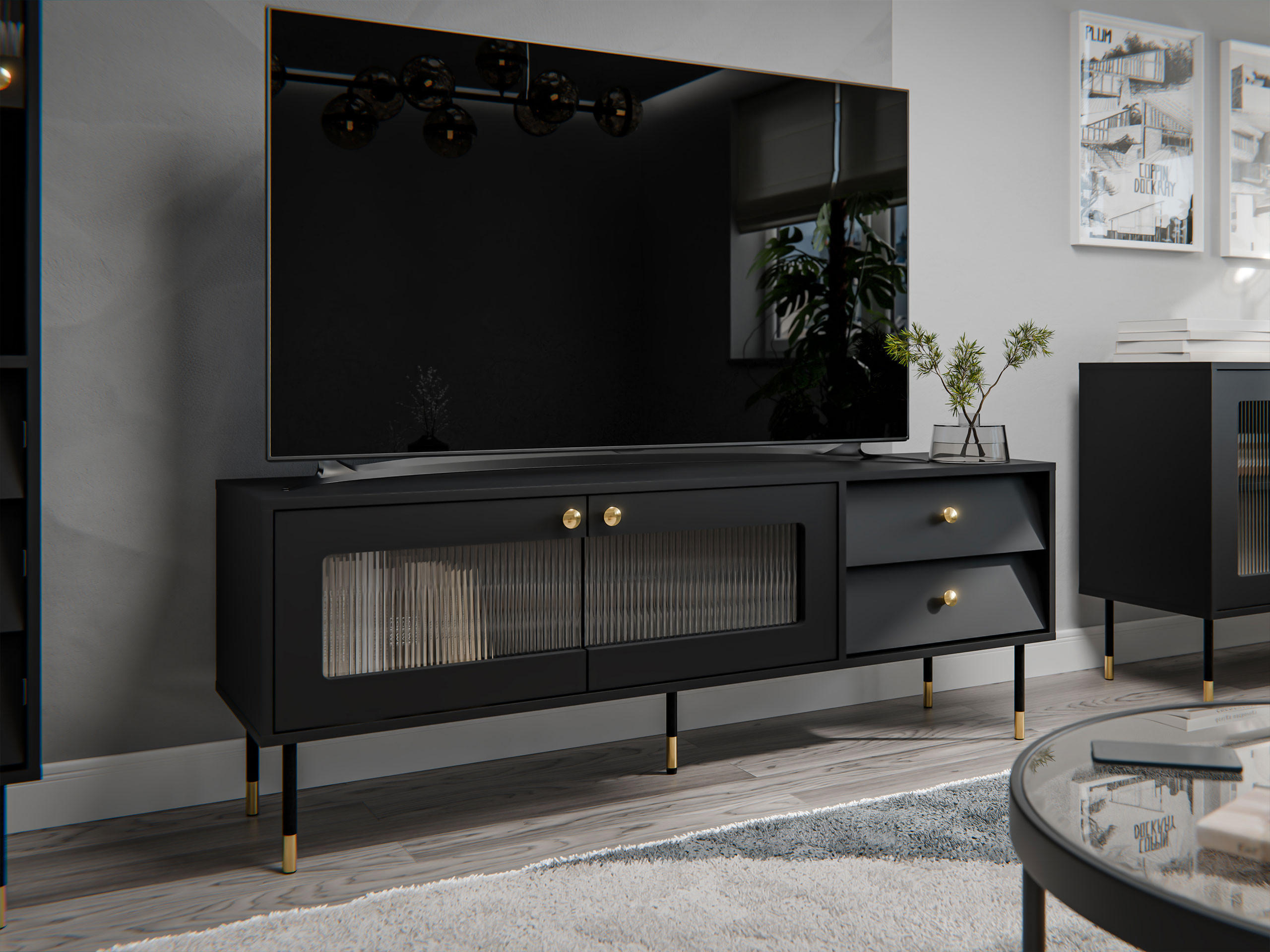 TV-LOWBOARD Valerio 150 - Goldfarben/Schwarz, Holzwerkstoff/Kunststoff (150/55/39cm) - MIRJAN24