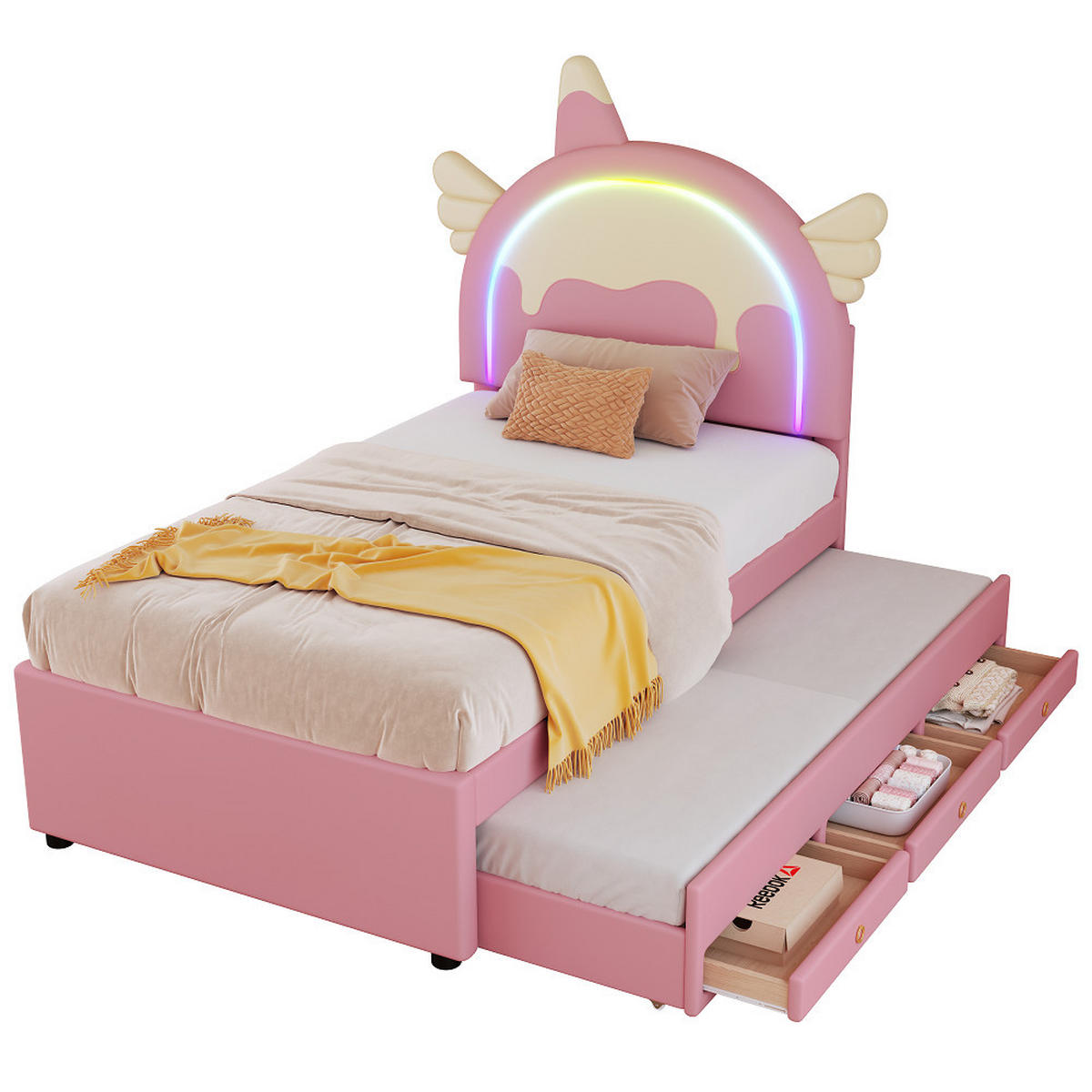 KINDERBETT 90/200 cm in PU Rosa mit Einhornform - Pink, Holz/Textil (90/200cm) - KOMHTOM