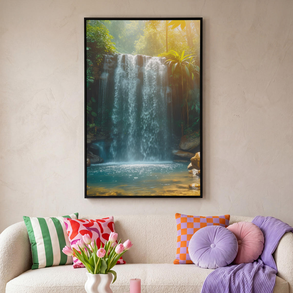 LEINWAND Bilder mit Rahmen - Wasserfall - Dschungel - Sonne - Grün - Natur - 80x120 - Grün, Textil (80/120cm) - MuchoWow