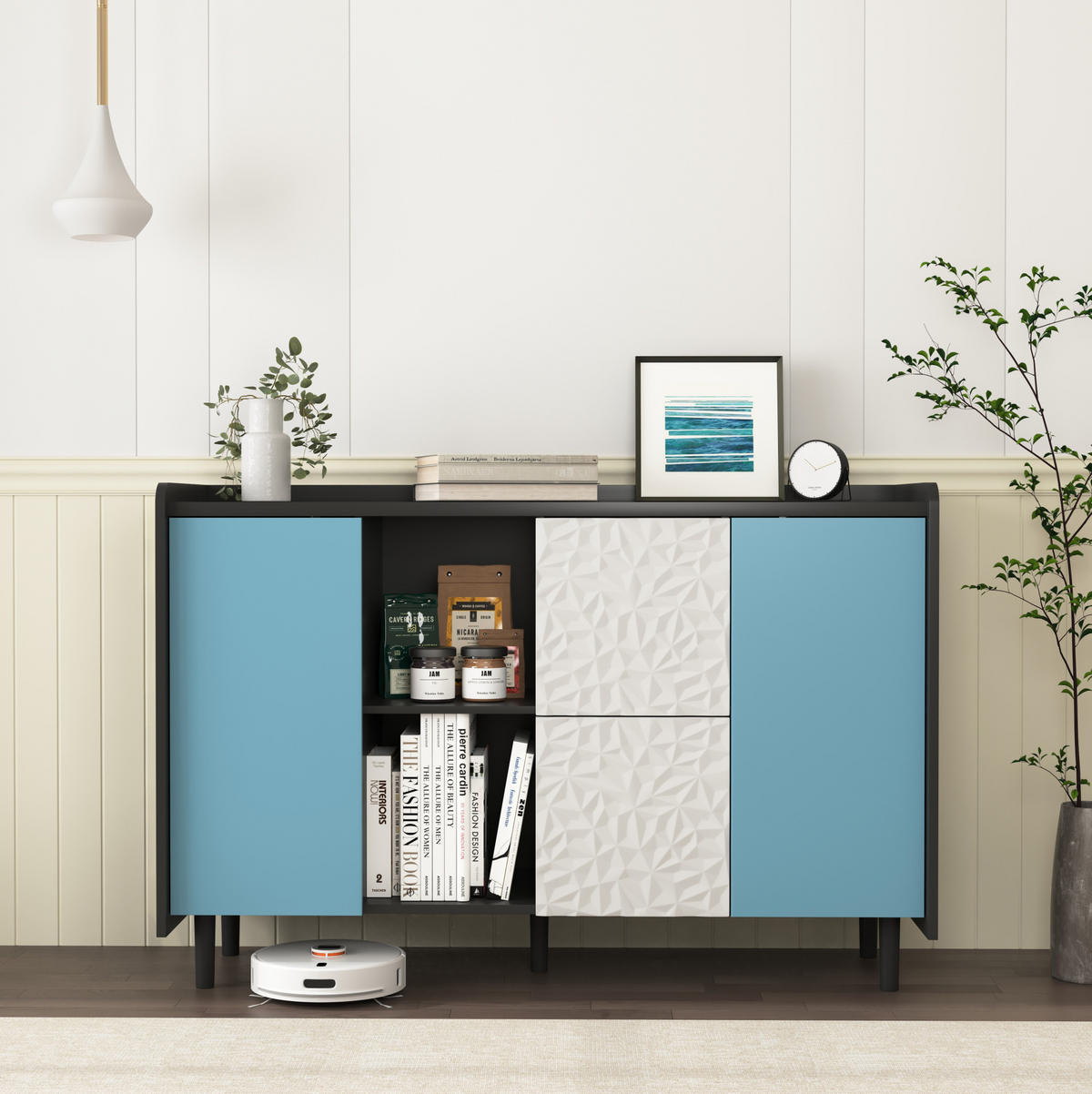 SIDEBOARD aus MDF 40x120x80 cm Schwarz/Blau mit 2 Schubladen, offenem Stauraum und Schranktür in modernem Design - Schwarz, Holzwerkstoff (120/80/40cm) - Modfu
