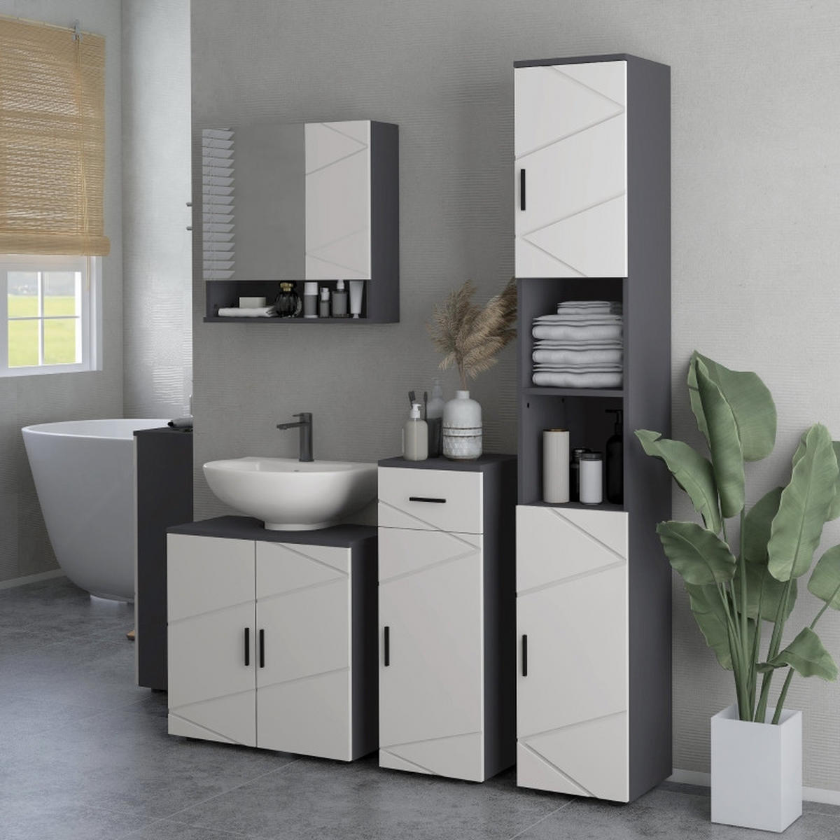 BADEZIMMERSCHRANK 30x30x82 cm Grau mit Schublade & verstellbarem Regal - Grau, Holzwerkstoff (30/82/30cm) - Modfu