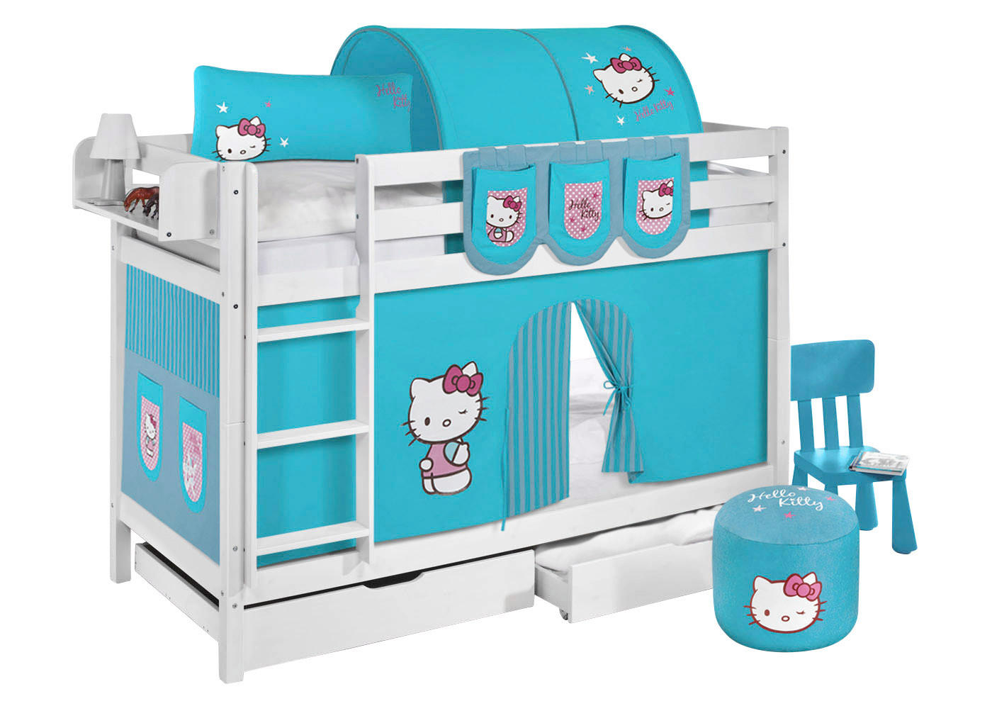 ETAGENBETT JELLE 90x190 cm Hello Kitty türkis - Hochbett - inkl. Vorhang und 2 Lattenrosten - Weiß, Holz - Lilokids