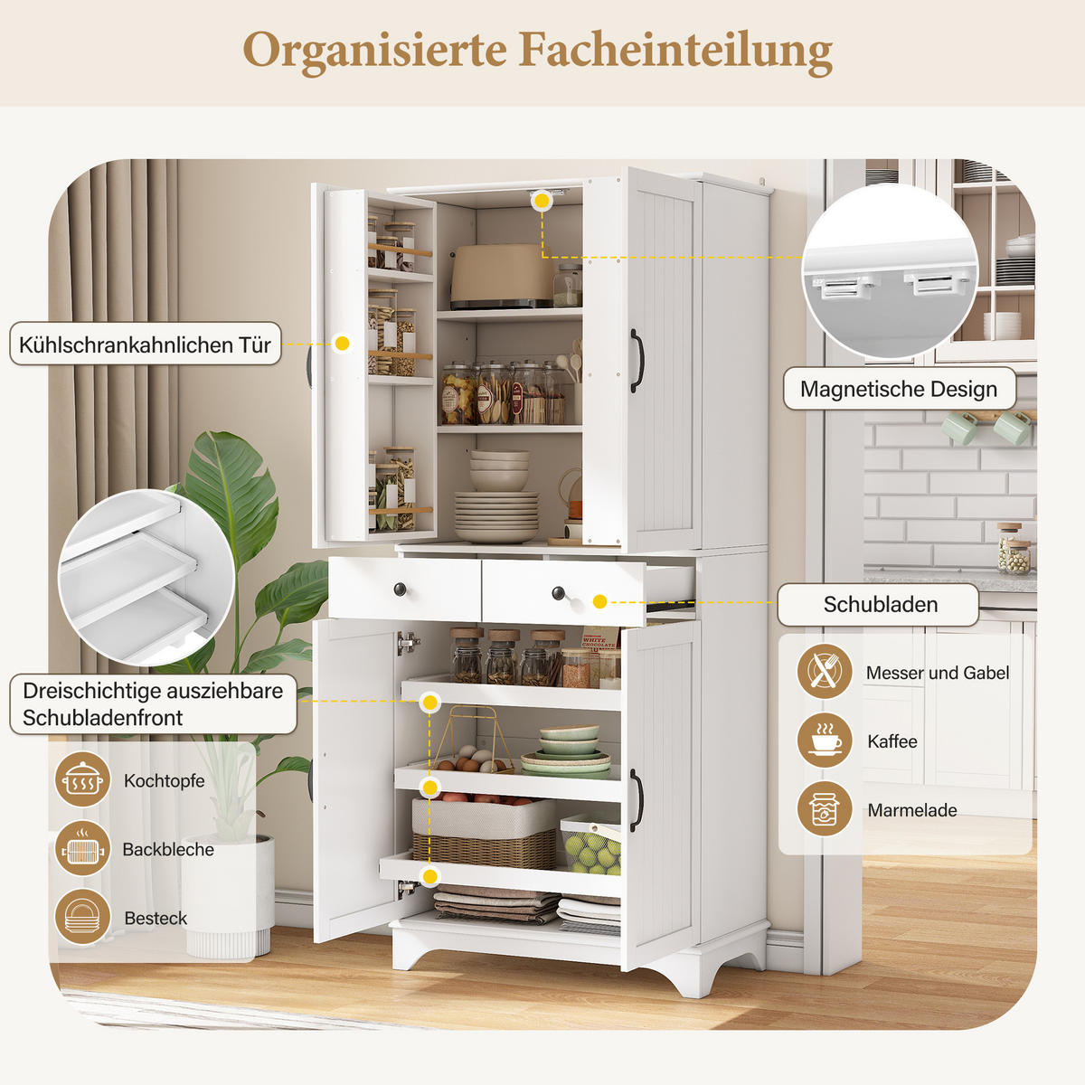 BUFFETSCHRANK Weiß 77/40/181 cm - Weiß, Holz (77/181/40cm) - PANGIVO