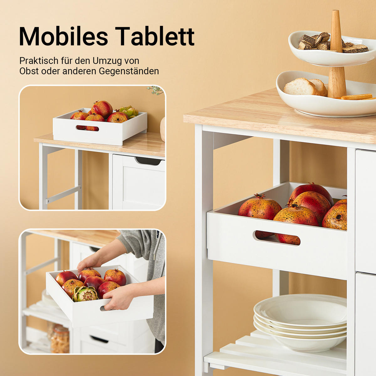 SERVIERWAGEN mit Rollen, Weiß, 68x85x38cm, bis 50kg - Weiß, Holzwerkstoff (68/85/38cm) - SoBuy