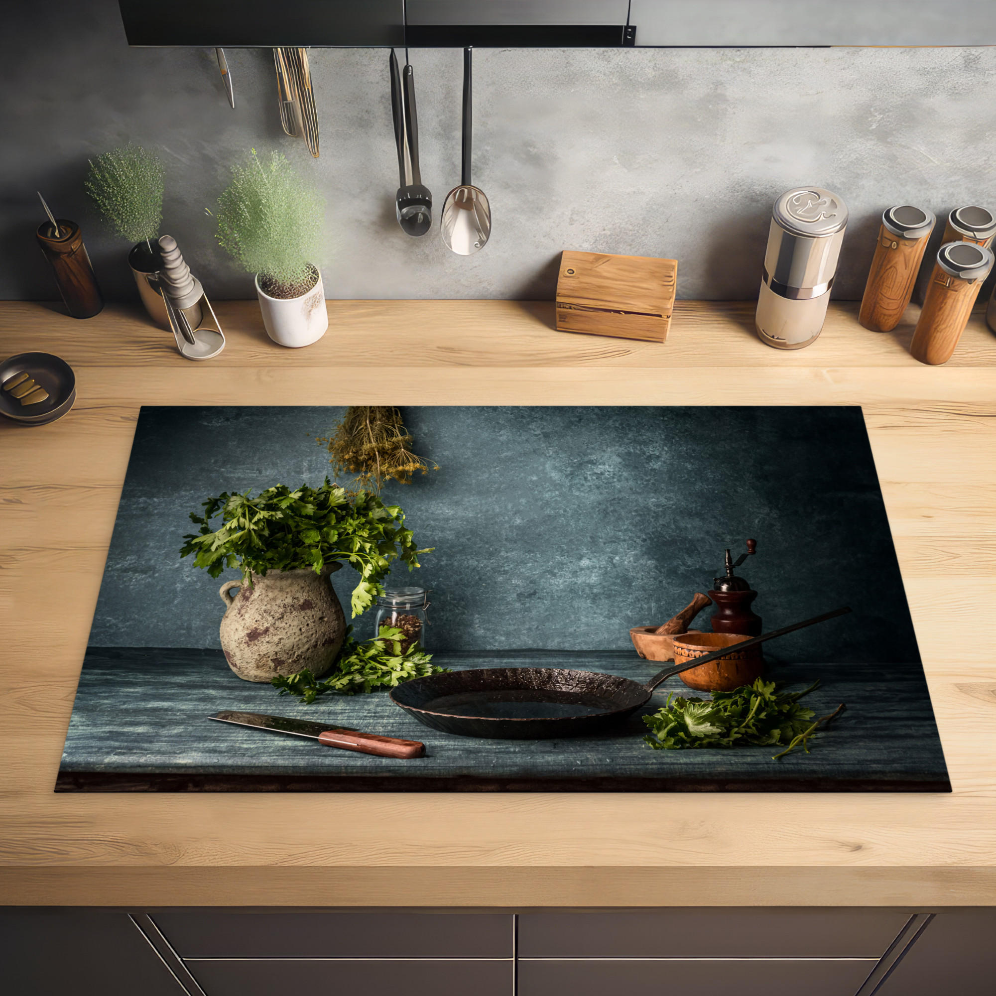 HERDABDECKPLATTE Kräuter - Gewürze - Pfanne - Messer - Grau - Rustikal 85x52 cm - Petrol, Kunststoff (85/0.2/52cm) - MuchoWow