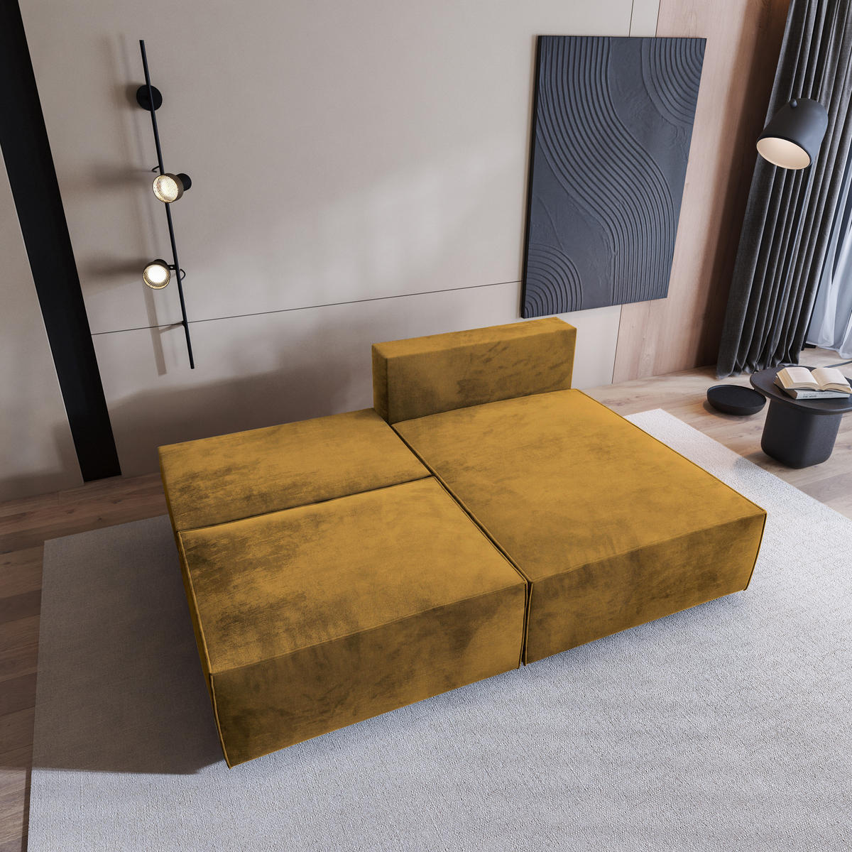 ECKSOFA FIORO M Gelb Velours-Stoff mit Schlaffunktion - Gelb, Holz (204/148cm) - MASSENO