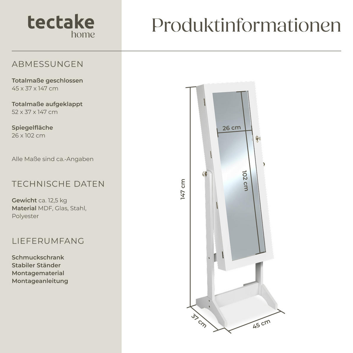 SCHMUCKSCHRANK  ,abschließbar,weiß - Weiß, Holz (37/147/45cm) - tectake