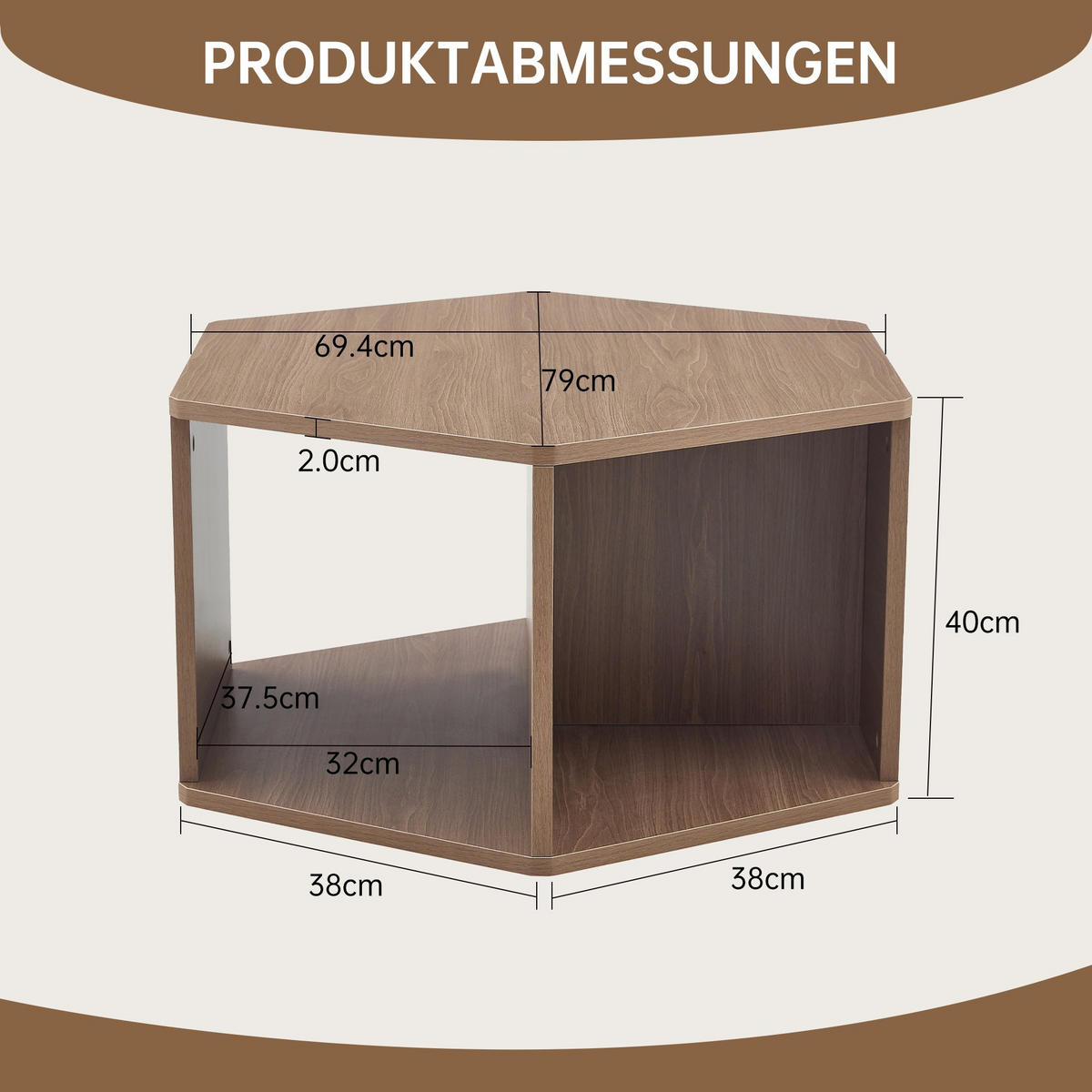 COUCHTISCH 69/79/40cm,Sechseckiger Tisch,Beistelltisch aus MDF,Braun - Braun, Holz (79/69.4/40cm) - LVHOM