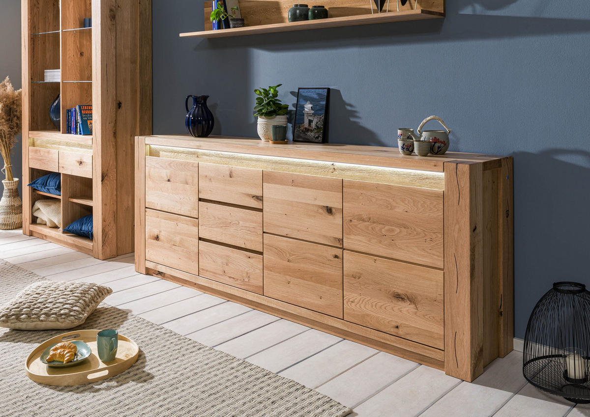 SIDEBOARD Wildeiche 223x40x85 beige geölt KENT #231 - Beige, Holz (223/85/40cm) - Massivmoebel24