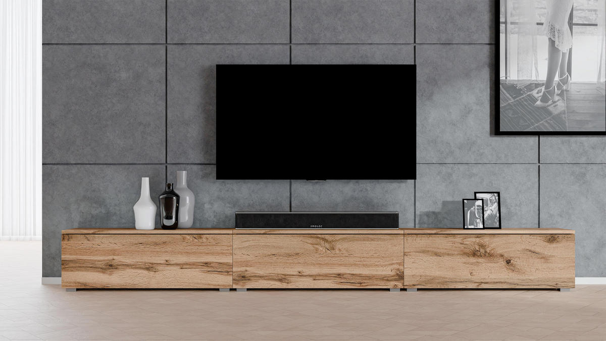 LOWBOARD Loriano 3x100 Eiche Wotan 300/36,5/32 cm – Hängend und Stehend - Braun, Holzwerkstoff/Kunststoff (300/36.5/32cm) - AX Living