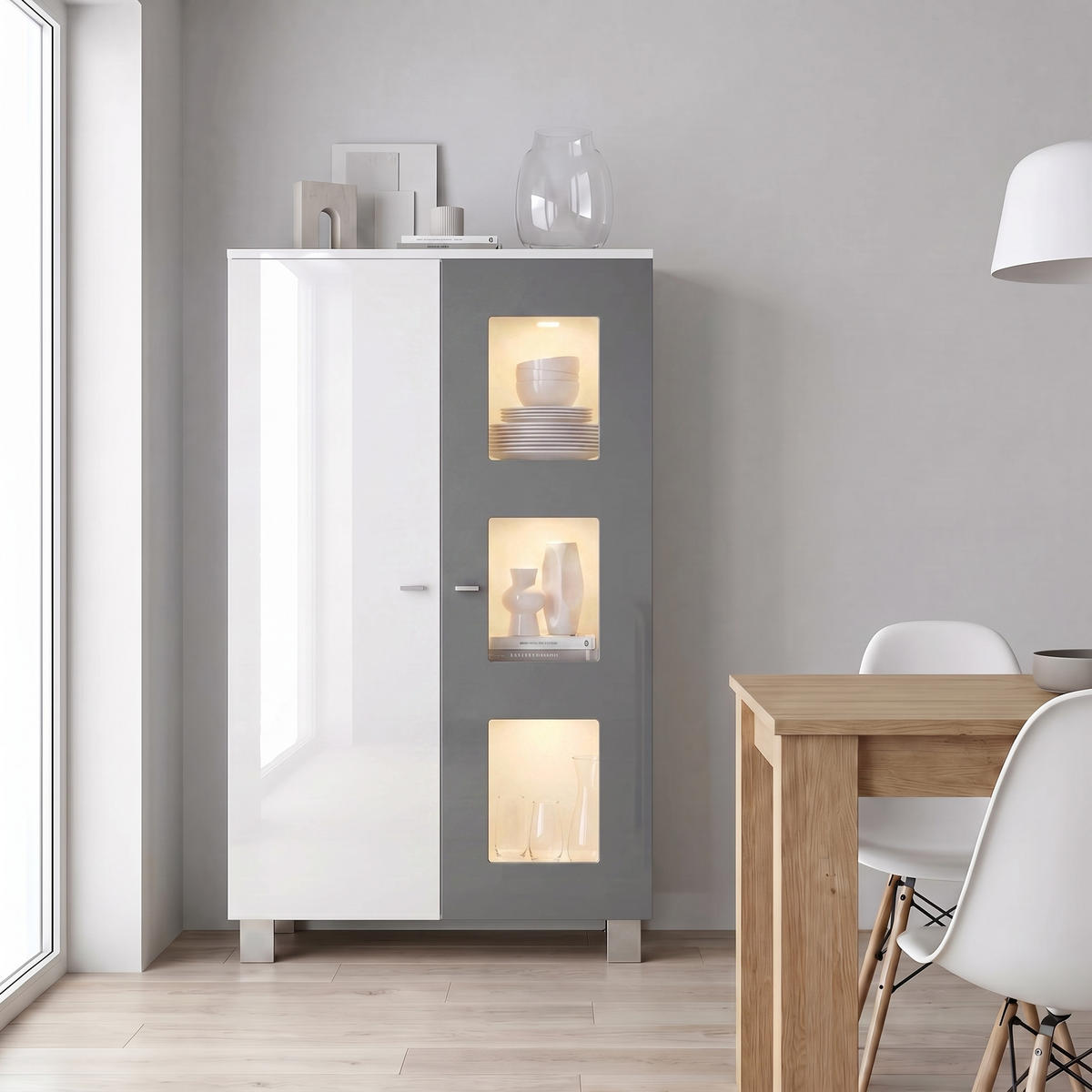 VITRINE Denjo Tür in Grau Hochglanz - Grau, Holzwerkstoff (71/129/35cm) - Vladon