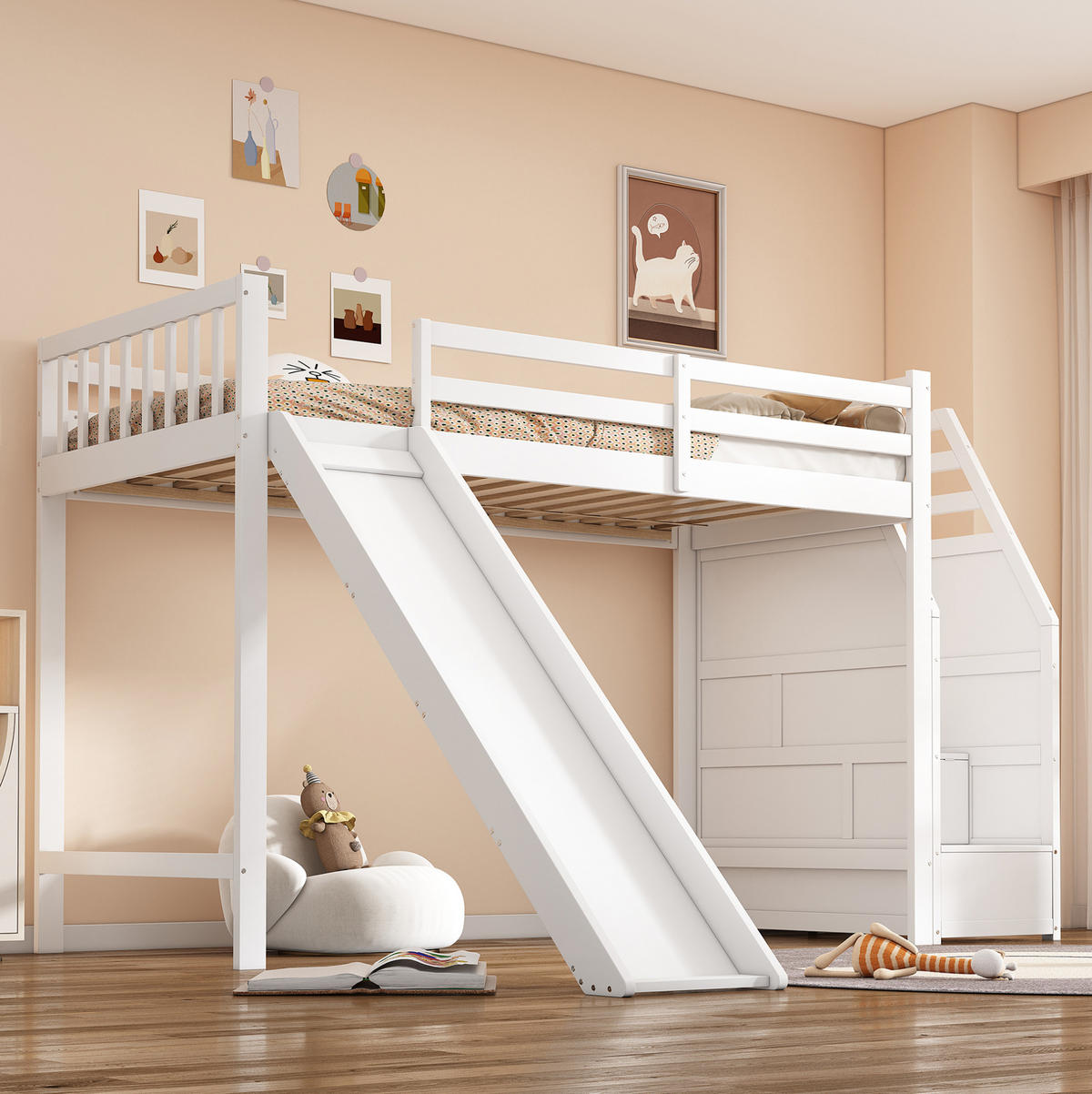 HOCHBETT 90/200 cm, Weiß mit Rutsche und Ablageleiter, ohne Matratze - Weiß, Holz (90/200cm) - MIVRAY