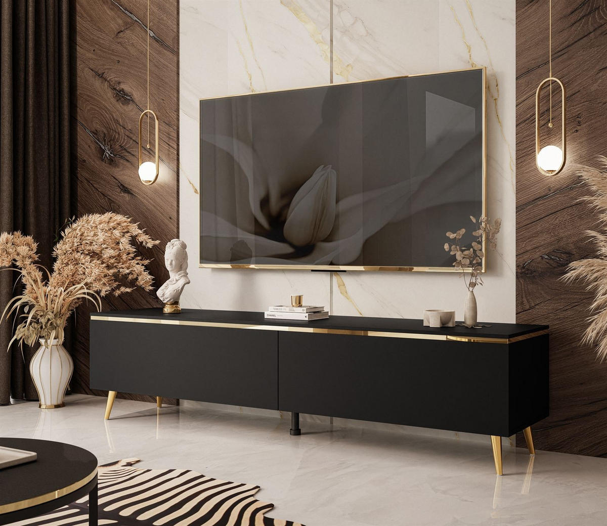 TV-LOWBOARD AURORA Schwarz Matt mit gerade Goldchrom Fuße - Goldfarben/Schwarz, Holzwerkstoff/Metall (180/45/40cm) - Lookway