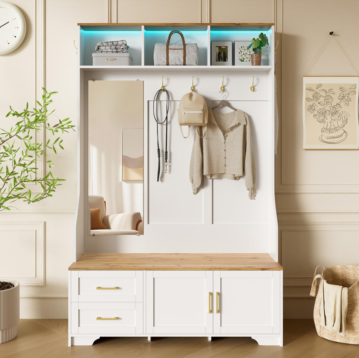 GARDEROBENSCHRANK mit LED und Spiegel 120 x 40 x 187 cm MDF Weiß/Holzoptik - Weiß, Holzwerkstoff (40/187/120cm) - Beauniv