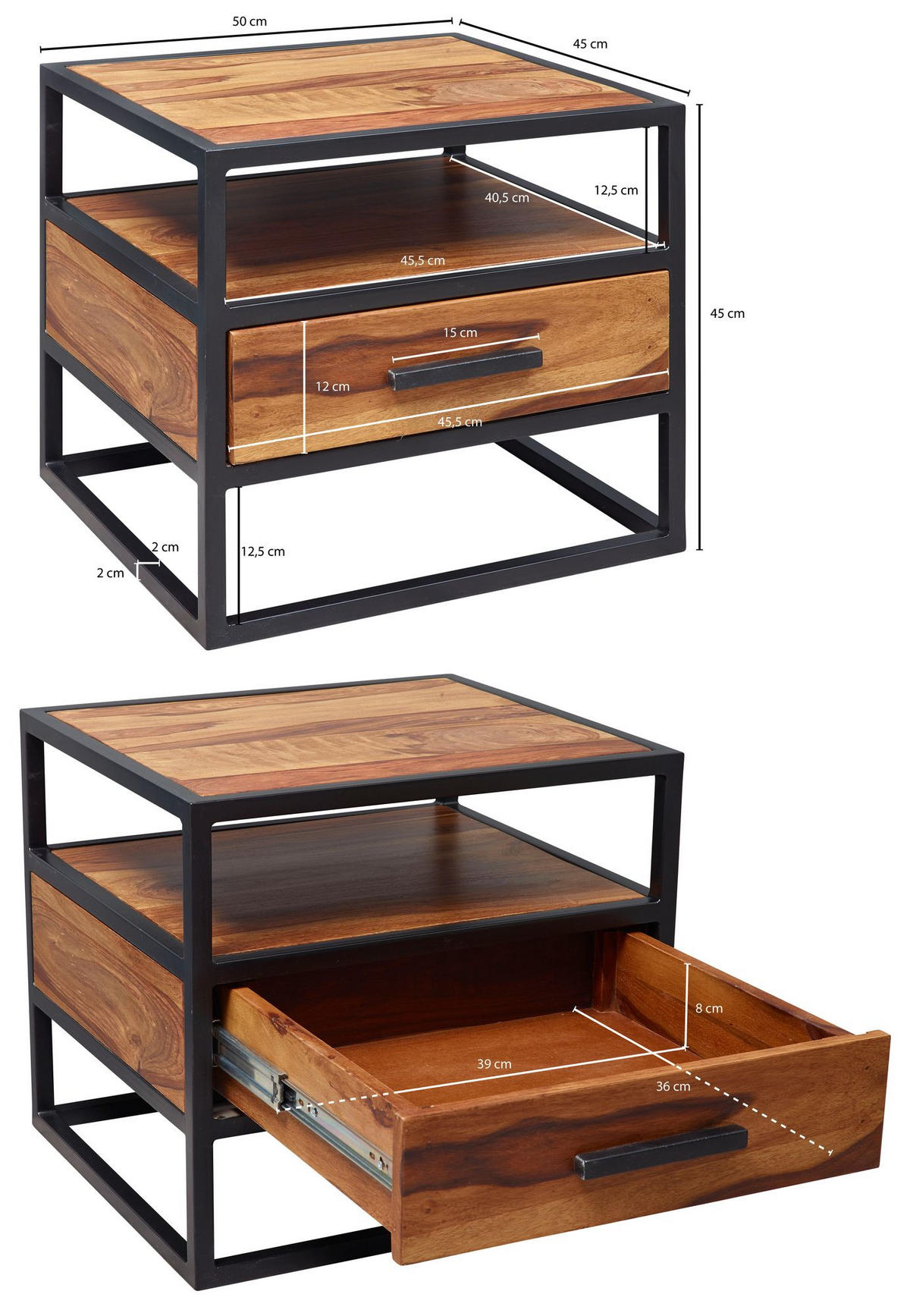 NACHTTISCH – Massivholz/Stahl, mit Stauraum, Industrial-Stil - Schwarz/Braun, Holz/Metall (50/45/45cm) - KADIMA DESIGN