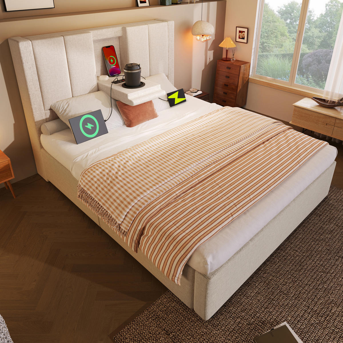POLSTERBETT 90/200 cm mit Ladestation, verstecktem Becherhalter und hydraulischem Stauraum, Leinen und Matratze, Beige - Beige, Textil (90/200cm) - Redom