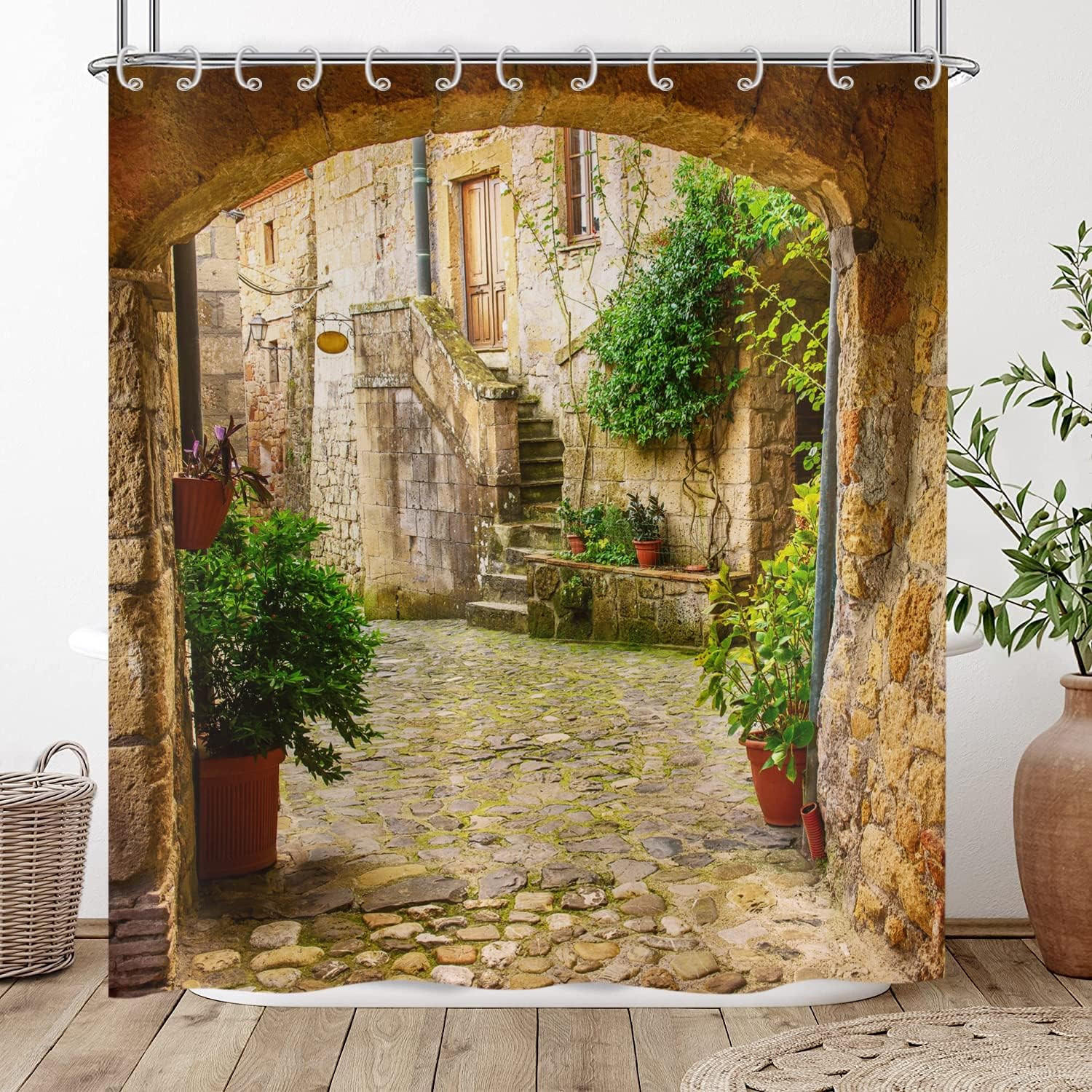 DUSCHVORHANG 3D Pflanzen Landschaft außen wasserdicht Stoff mit Haken Badewanne - Multicolor, Textil (200/180cm) - MCBOSON