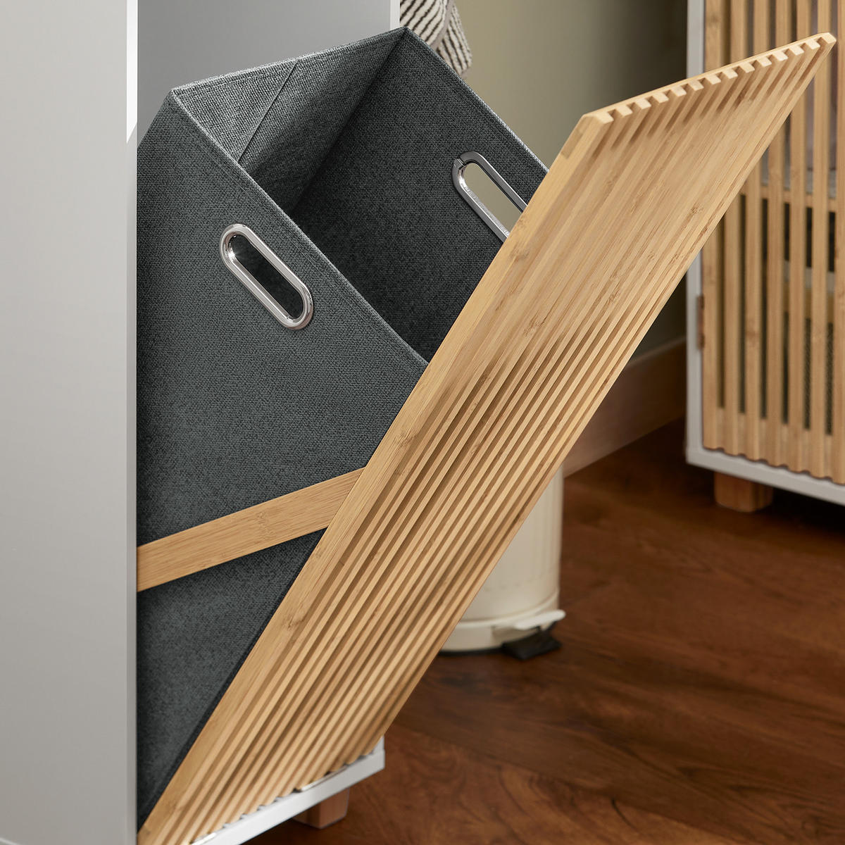 WÄSCHESCHRANK mit Wäschesack Weiß - Weiß/Naturfarben, Holz/Holzwerkstoff (32/85/33cm) - SoBuy