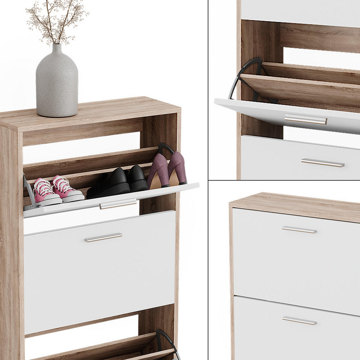 SCHUHKIPPER Gizmo Sonoma/Weiß 59 x 137 cm mit 4 Fächern - Weiß/Sonoma Eiche, Holzwerkstoff (59/137/22cm) - Vicco