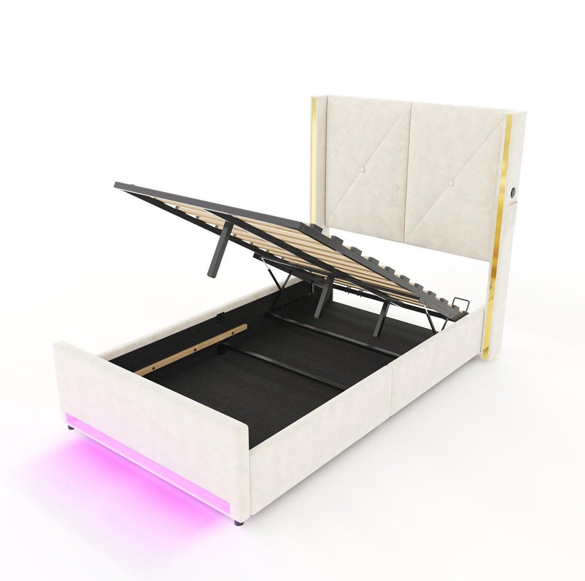 POLSTERBETT 90x200 cm in Beige mit Stauraum, LED und USB-/Type-C-Anschlüssen - Beige, Textil (90/200cm) - IVMEU