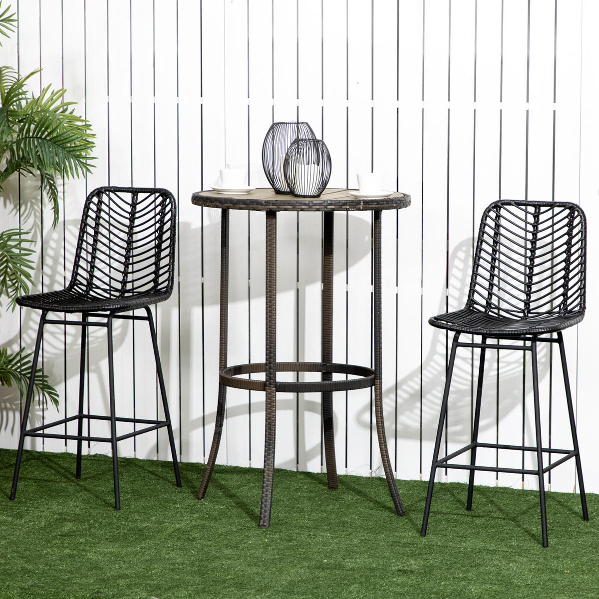BARHOCKER 2er-Set DE-14714 Boho-Design mit PE-Rattan & Fußstütze Schwarz - Schwarz, Metall (52/102/42.5cm) - ComfortXL