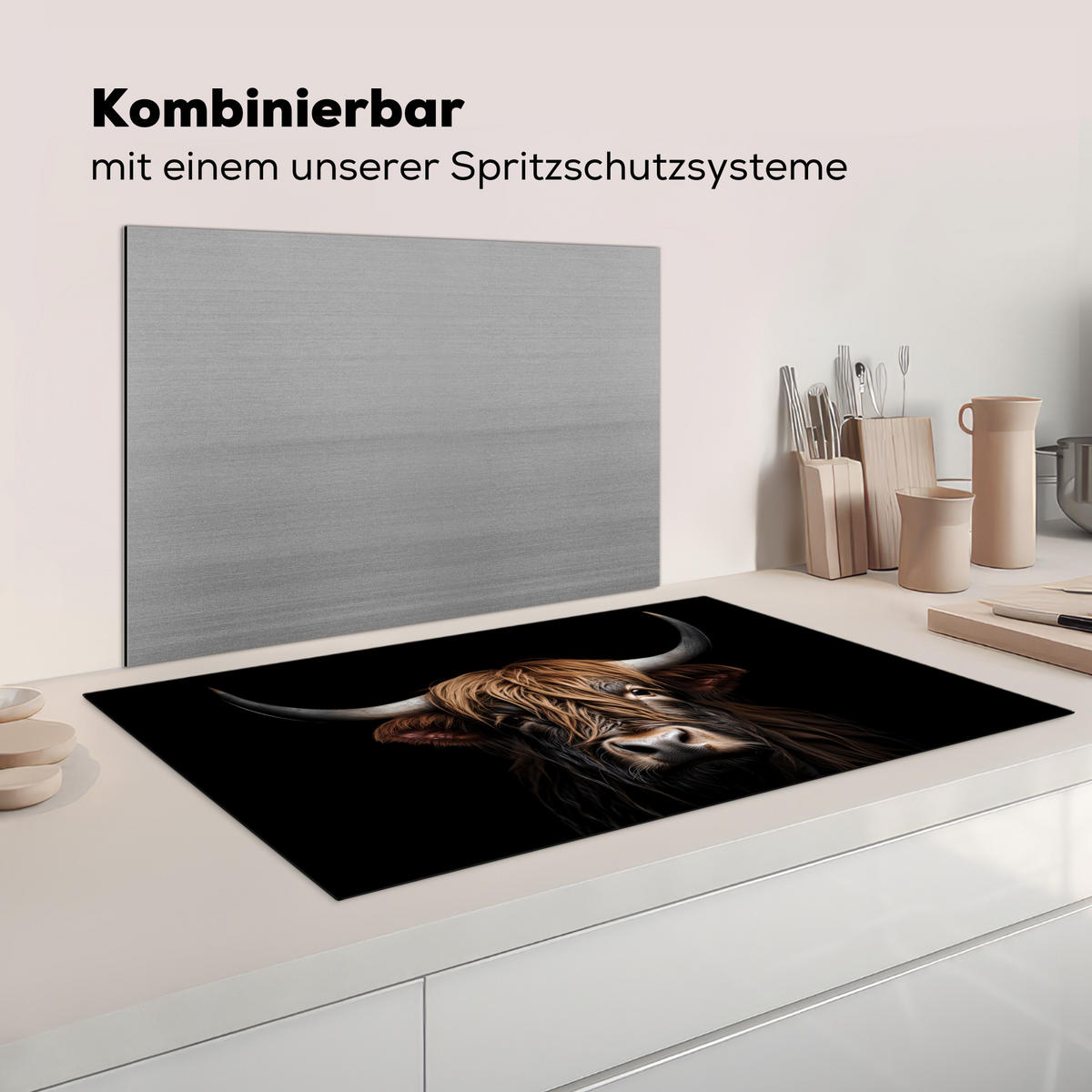 KRYT NA INDUKČNÍ DESKU Skotský horal - Portrét - Černá - Zvíře 89.6x51.6 cm - hnědá, plast (89.6/51.6/0.2cm) - MuchoWow