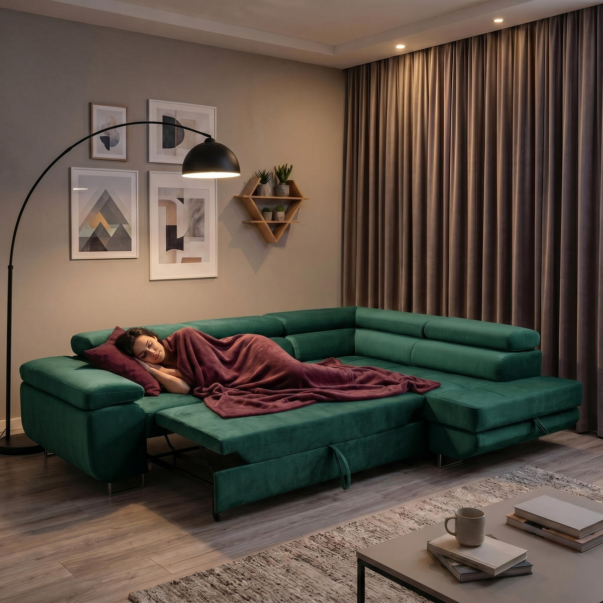 ECKSOFA WILD L Rechts mit Schlaffunktion 127x195 Velours Dunkelgrün - Chromfarben/Dunkelgrün, Holz/Textil (274/203cm) - Muffo