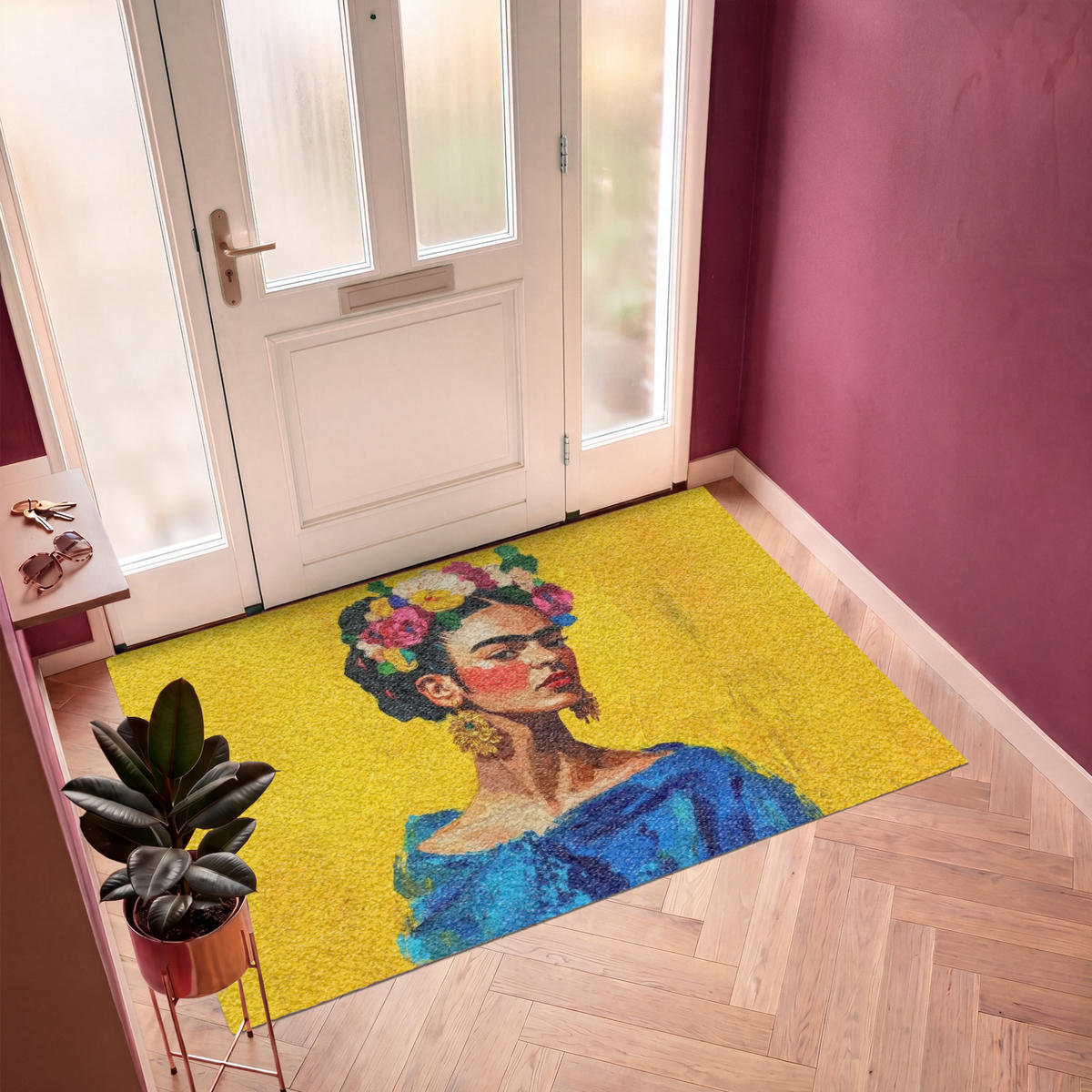 FUSSMATTE Frida Kahlo - Frau - Gelb - Blau - Blumen Schmutzfangmatte 180x120 cm - Gelb, Kunststoff (180/120cm) - MuchoWow