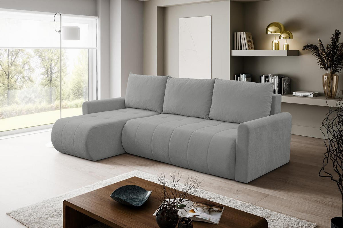 ECKSOFA Sprento Grau, in Chenille-Stoff, mit Schlaffunktion und Bettzeugfach - Grau, Holzwerkstoff/Textil (230/149cm) - Bettso