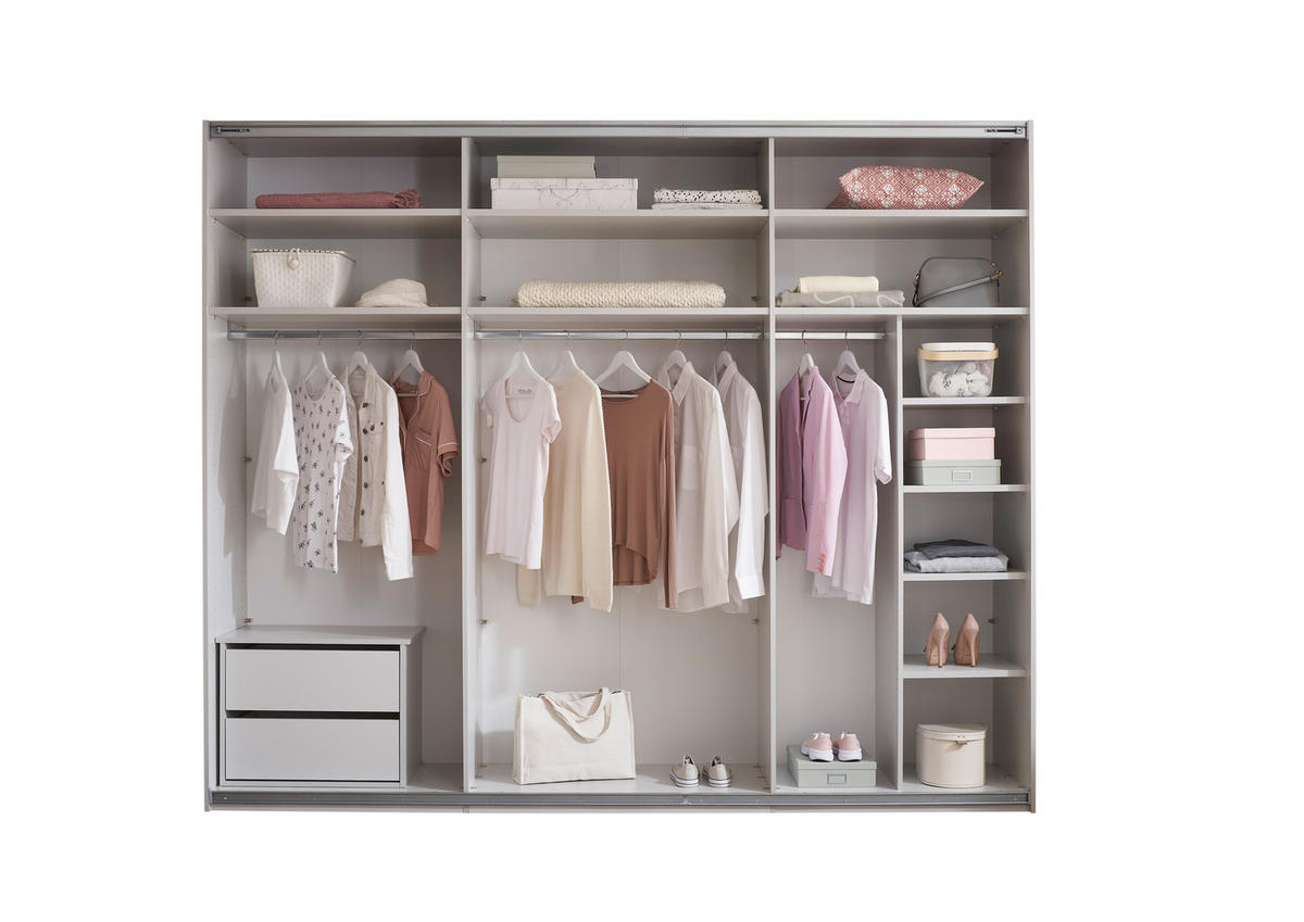SCHWEBETÜRENSCHRANK Metrino in Hellgrau und Graphit – Kleiderschrank, Stauraum mit Softclose und Hoteleinteilung - Weiß, Holzwerkstoff (270/225/62cm) - Schlafkontor GmbH & Co. KG