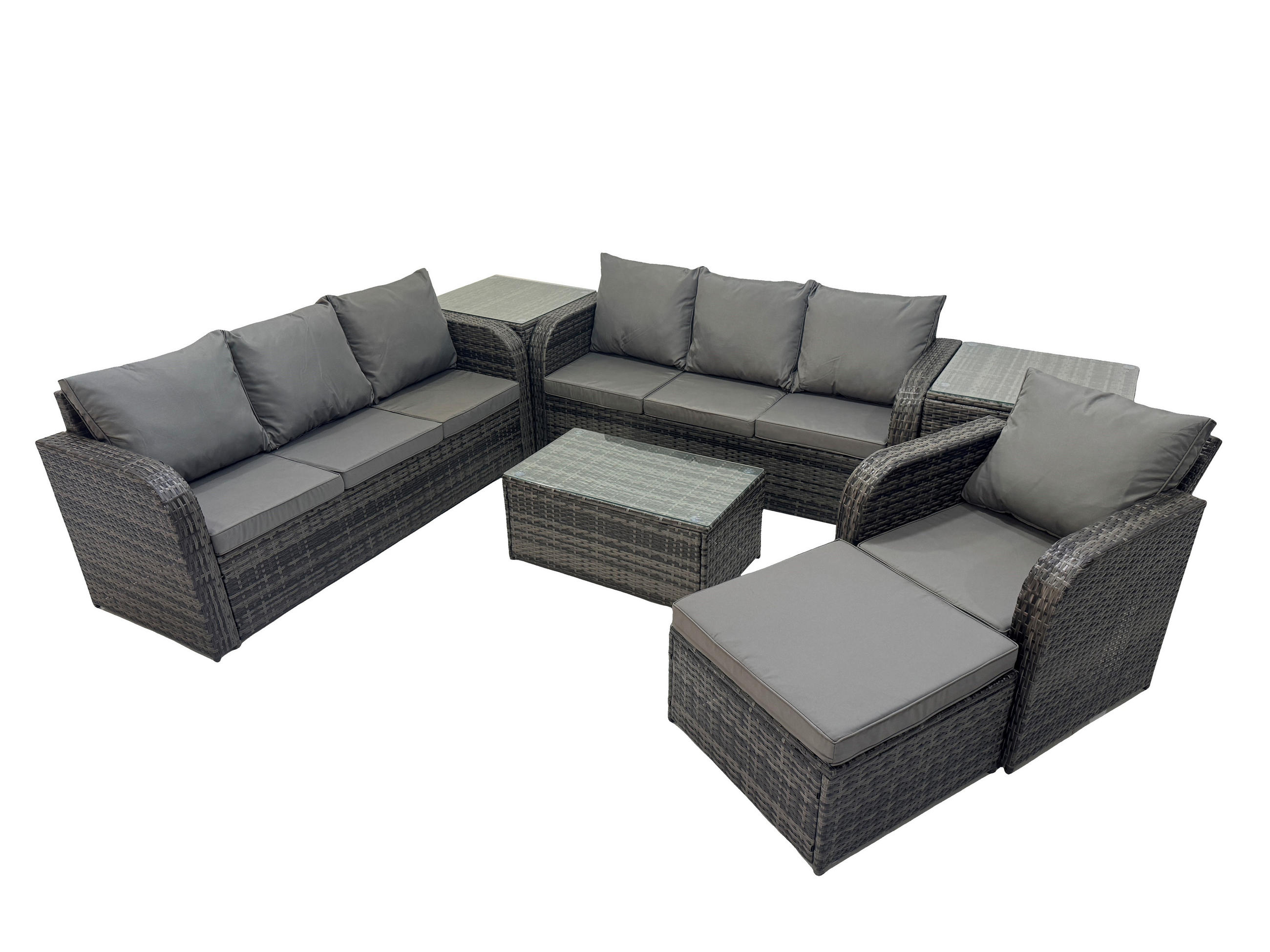 GARTENMÖBEL-SET mit Kissen Polyrattan Dunkelgrau 8-Sitzer - Dunkelgrau/Grau, Glas/Kunststoff - Fimous