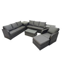 GARTENMÖBEL-SET mit Kissen Polyrattan Dunkelgrau 8-Sitzer - Dunkelgrau/Grau, Glas/Kunststoff - Fimous