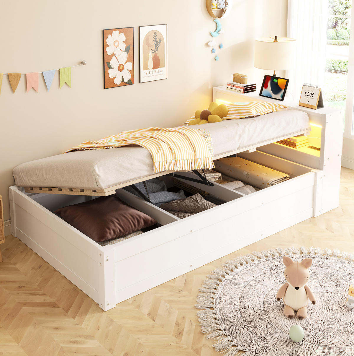BETT 90/200 cm aus MDF mit LED-Lichtleiste, Weiß - Weiß, Holzwerkstoff (90/200cm) - OKMYHOME