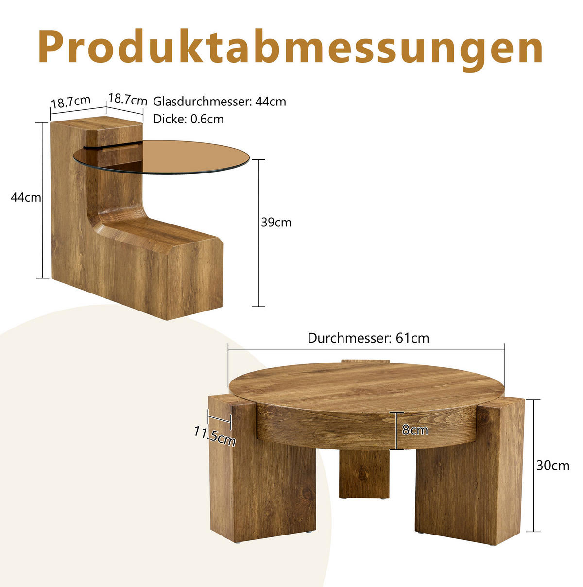 COUCHTISCH-SET 61/61/30 cm trennbar mit 2 Ebenen, Sicherheitsglas und Stauraum, Holzoptik/Braun - Naturfarben, Holzwerkstoff (61/61/36cm) - Redom