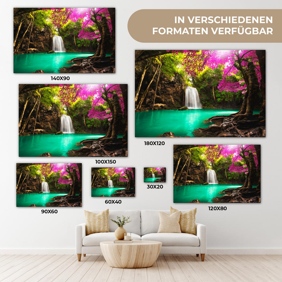 LEINWANDBILD Wasserfall mit bunten Blumen und Bäumen - Natur - Dschungel XXL 150x100 cm - Waldgrün, Textil (150/100cm) - MuchoWow