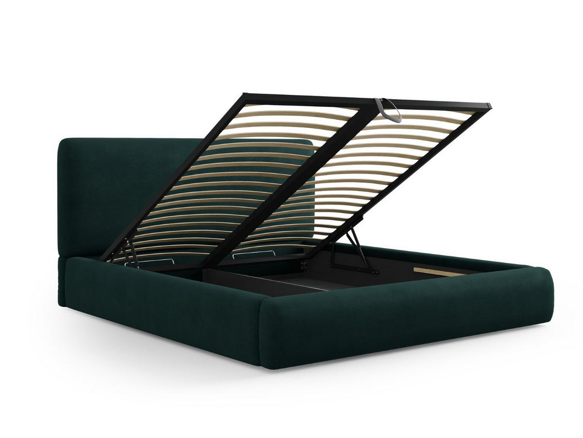 BETT mit Bettkasten und Kopfteil Colonel aus Chenille-Stoff flaschengrün 200x200cm - Dunkelgrün, Textil (200/200cm) - Cosmopolitan Design