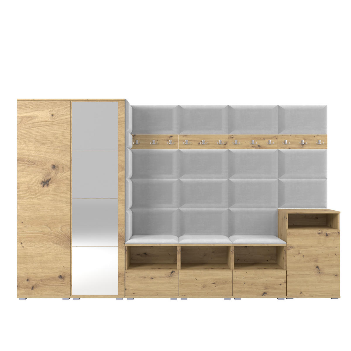 GARDEROBE NELA XII 300 cm (Modulare Flurmöbel Artisan Eiche mit Spiegel & Sitzpolster Hellgrau 32 Gigantisches Set) - Silberfarben/Hellgrau, Holz/Holzwerkstoff (300/187/40cm) - Ravio