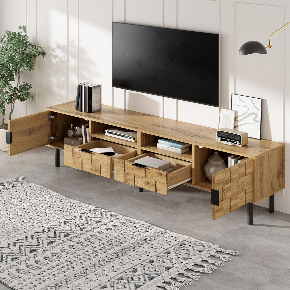 TV-SCHRANK Mosaik Lowboard 2 Türen 2 Schubladen Metallfüße - Naturfarben, Holzwerkstoff (35/42.5/160cm) - FLIEKS