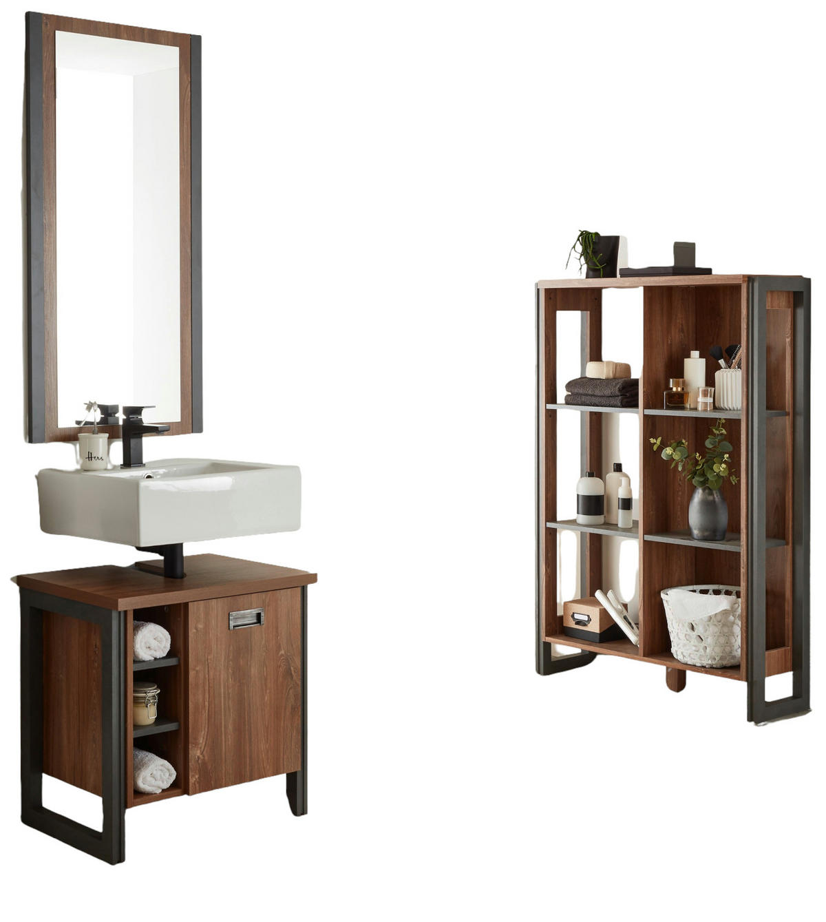 BADMÖBEL-SET 3-teilig Eiche Stirling, Matera grau, Badkombination 171 x 205 cm - Eichefarben/Grau, Holzwerkstoff (171/205/40cm)