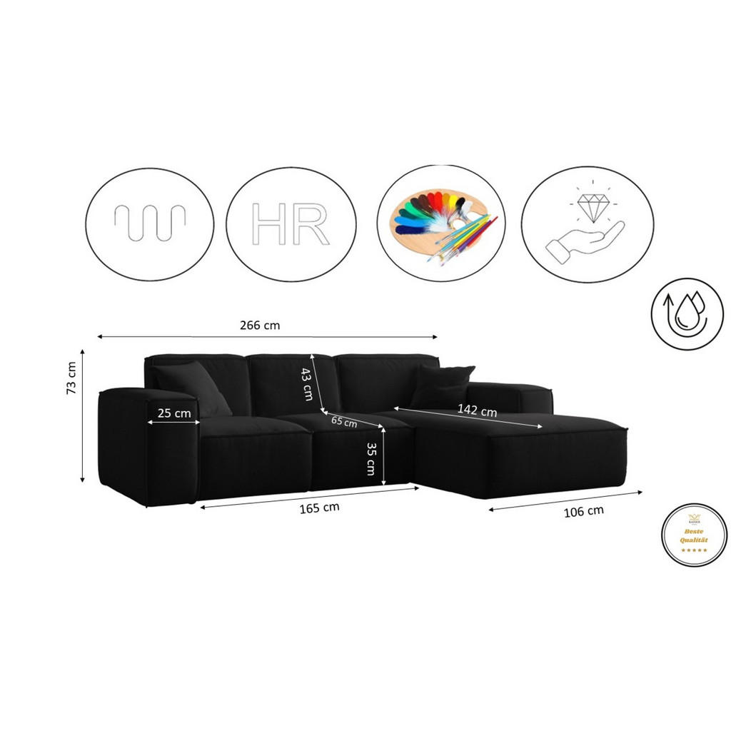 Thumbnail - Kaiser Möbel Ecksofa, Schwarz, Holz, L-Form, 266x165 cm, Wohnzimmer, Sofas & Couches, Wohnlandschaften, Ecksofas