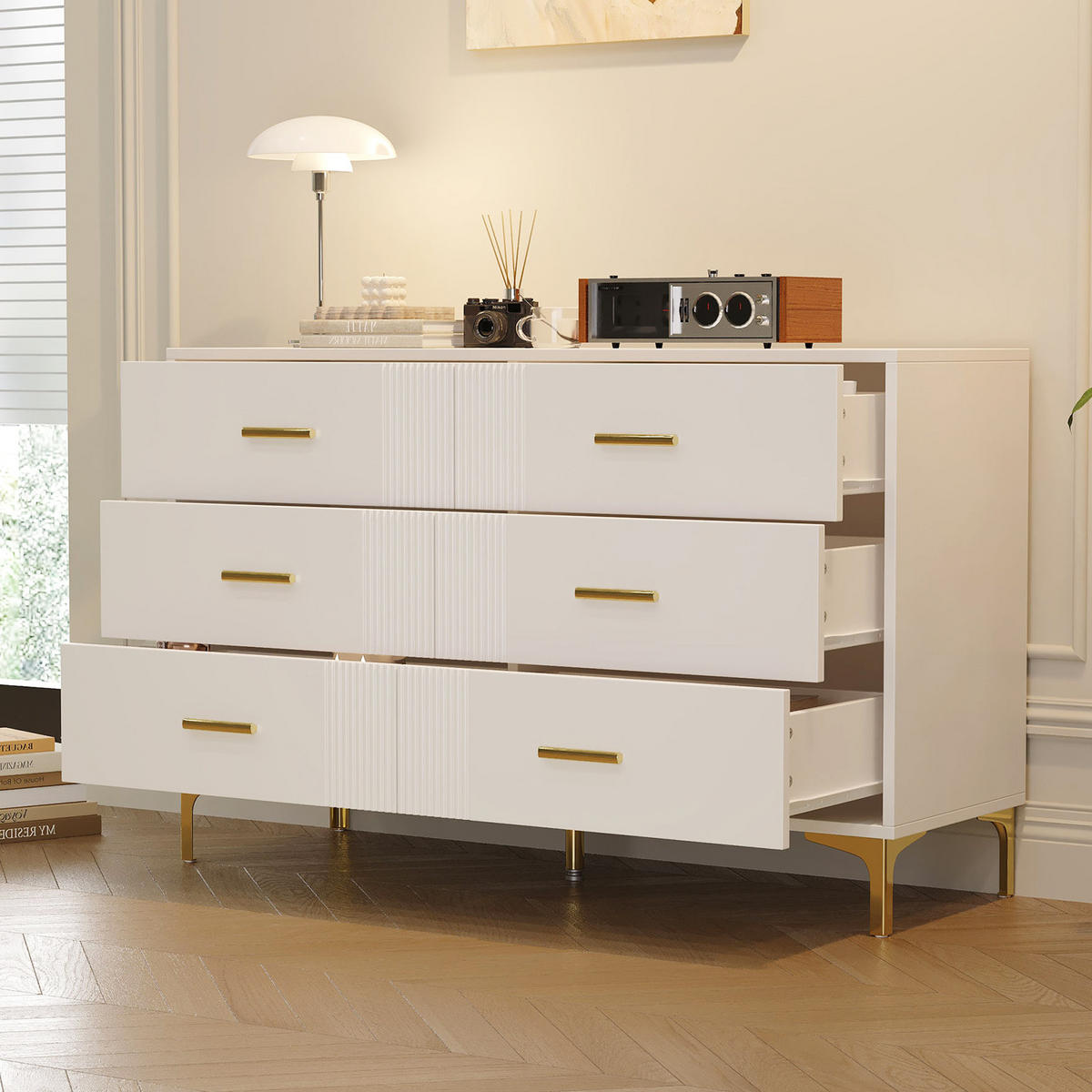 SIDEBOARD in Weiß Kommode mit 6 Schubladen, mit viel Stauraum, für Wohnzimmer & Schlafzimmer, B120/T40/H76cm - Goldfarben/Weiß, Holzwerkstoff/Metall (120/76/40cm) - STILVORA