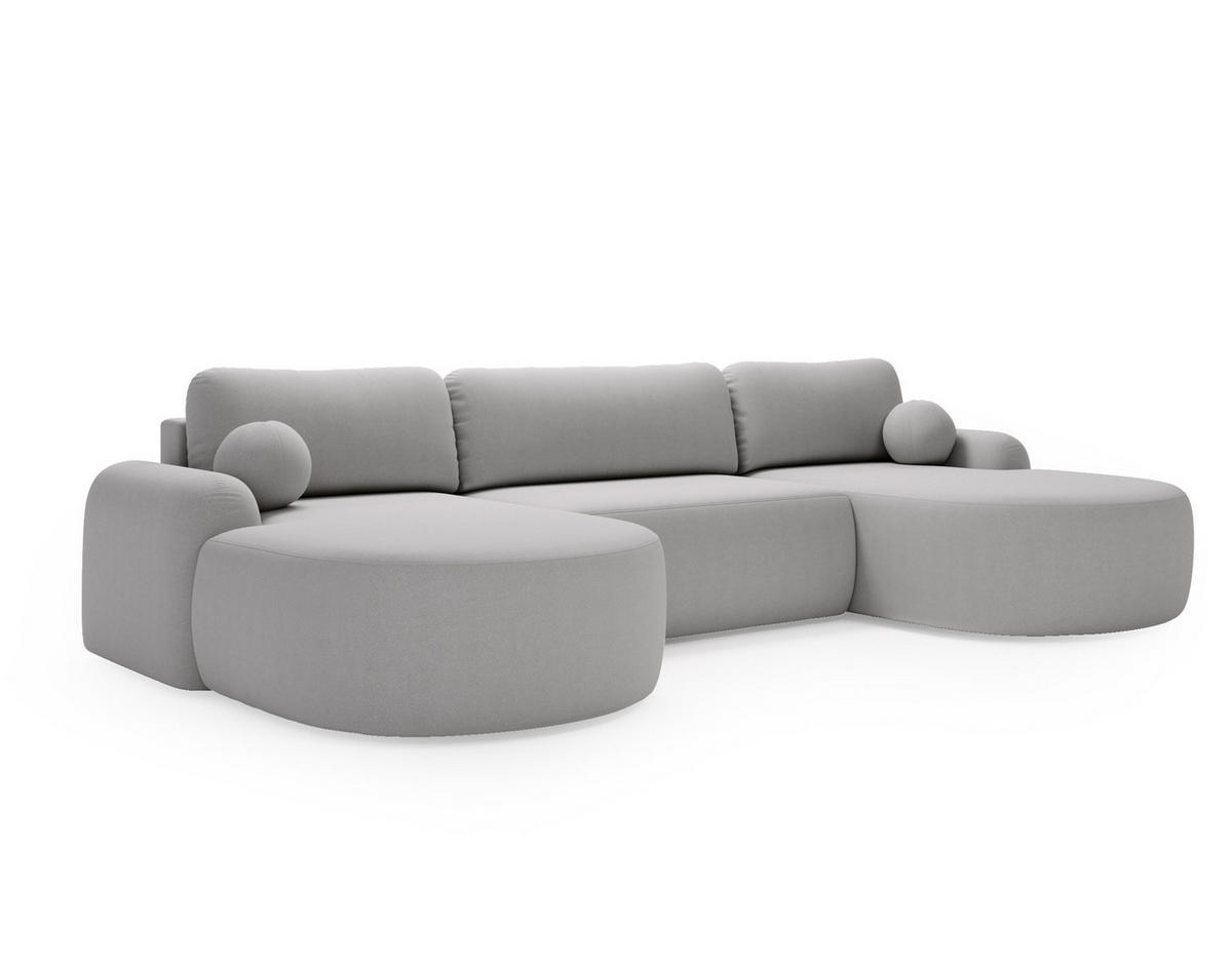WOHNLANDSCHAFT DION-U Boucle HELLGRAU mit Schlaffunktion - Hellgrau, Textil (377/92/177cm) - Luxkor24
