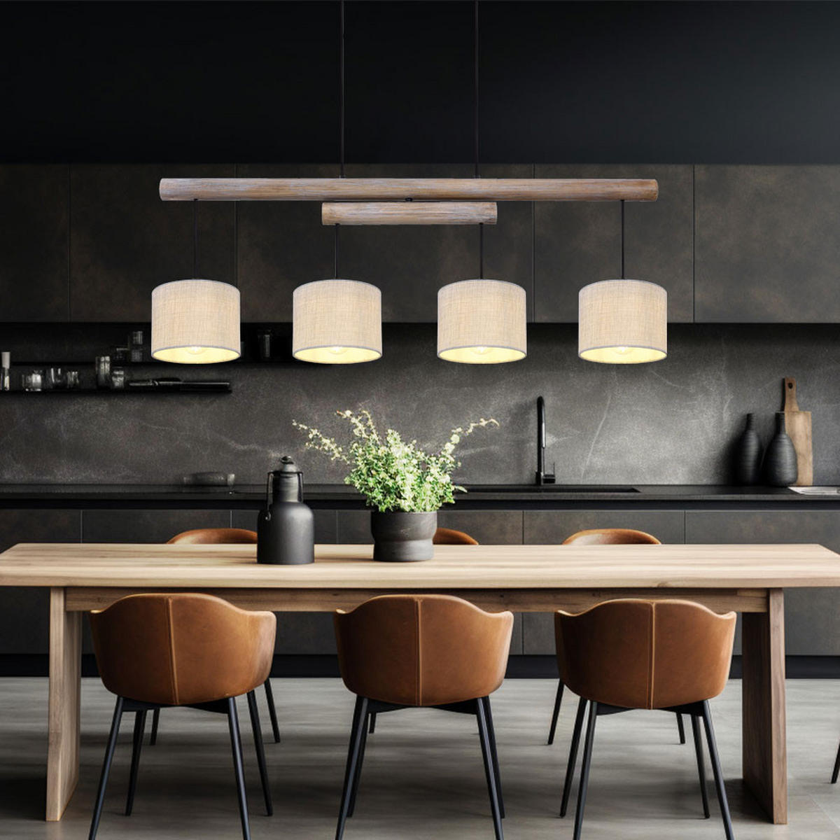 HÄNGELEUCHTE Holzoptik Beige Schwarz - Beige, Holz (113/18/120cm) - Globo Lighting