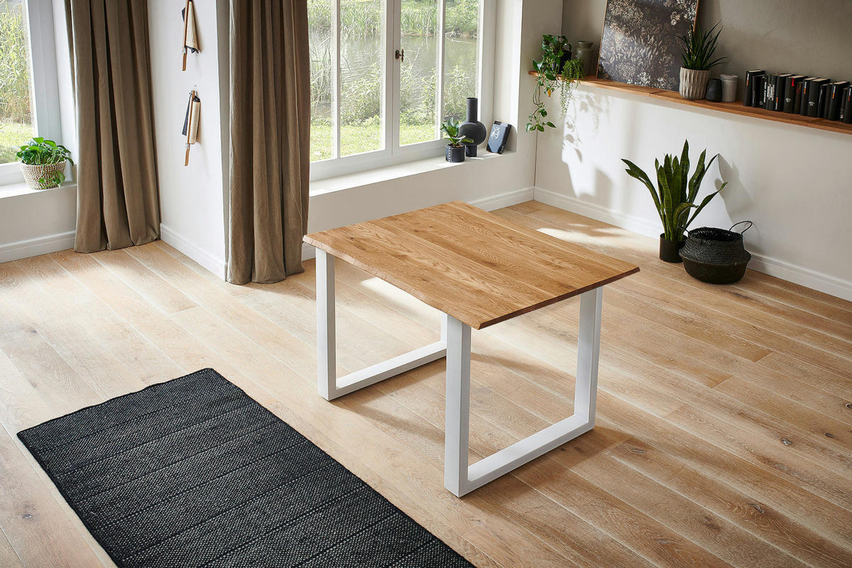 ESSTISCH Baumkante massiv Wildeiche weiß SESSA 80 cm - Beige/Weiß, Holz/Metall (80/80/77cm) - SAM